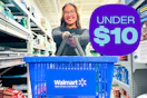 model holding a Walmart basket front and center