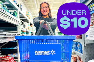 model holding a Walmart basket front and center