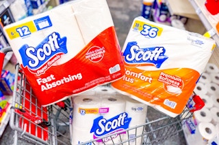 scott paper towels and toilet paper in a cart