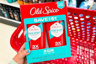 hand holding a old spice body wash twin pack at target