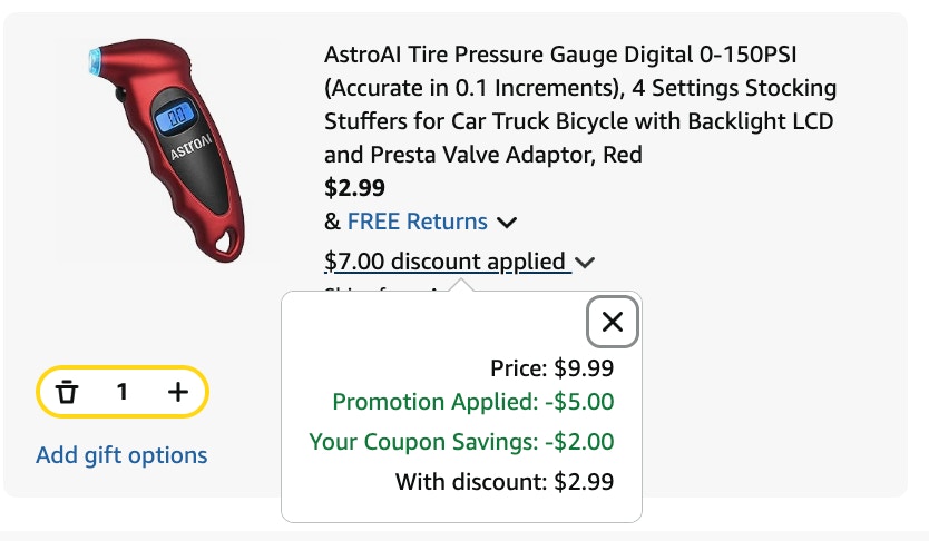 tire pressure gauge Amazon receipt