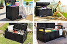 4 lifestyle images of black Homall deck boxes (4 different sizes)