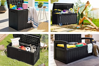 4 lifestyle images of black Homall deck boxes (4 different sizes)