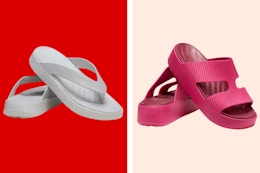 2 pairs of womens Crocs sandal styles (stock photos)