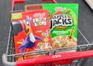 froot loops and apple jacks cereals in a cvs cart