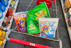 cvs shopping cart with tide and gain laundry products