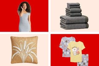 women's gray dress, sea turtle color towel set, grain decorative pillow, and breakfast themed toddler pajamas