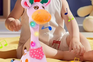 talking giraffe near a baby