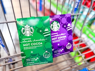 Starbucks ornaments in a Walmart cart