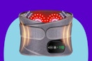 A grey back massager belt with velcro and red lights and massage in the back plus a digital display on the front.