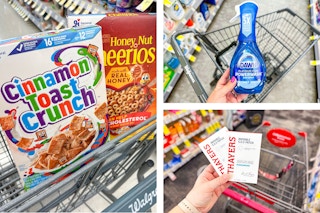 collage image of cereal, dish soap, and acne patches