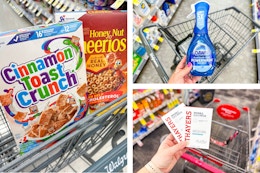 collage image of cereal, dish soap, and acne patches