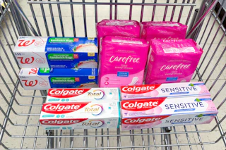 walgreens colgate, carefree, storage bags in shopping cart