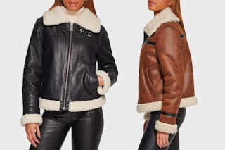 two girls on a grey background. One is wearing a black levis Moto Jacket and the other is wearing the same jacket in brown Jacket
