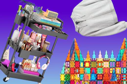 black 3-tier rolling cart, scubknit jacket, magnetic blocks