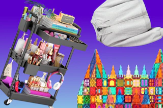 black 3-tier rolling cart, scubknit jacket, magnetic blocks