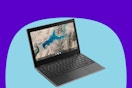 Lenovo Chromebook on a blue and purple background. 