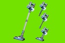black and blue stick vacuum with attatchments