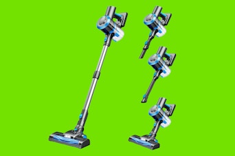 black and blue stick vacuum with attatchments