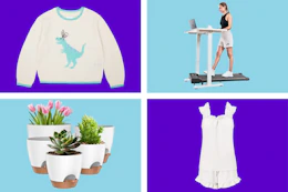 4 stock photos: toddler easter sweater, walking pad, planter set & women's pajama set