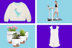 4 stock photos: toddler easter sweater, walking pad, planter set & women's pajama set