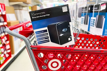 kenmore retro mini fridge sitting on a target cart