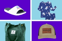 Reebok slides, green tote, Bluey pajamas, Wrangler hat