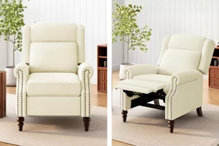 2 lifestyle images of the Christopher Knight Home recliner chair in the color beige
