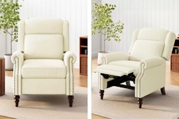 2 lifestyle images of the Christopher Knight Home recliner chair in the color beige