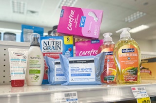 eucerin, aveeno, neutrogena, softsoap, carefree, and nutrigrain products on a shelf