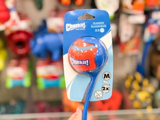 Chuckit dog toy in front dog toy aisle