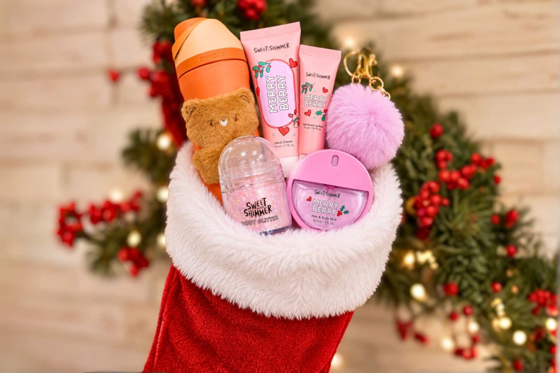 5 Ulta products in Christmas stocking (lifestyle image/close up shot)