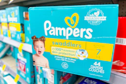box of pampers diapers on a store shelf