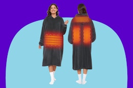 Woman wearing the Wearable Heated Blanket.