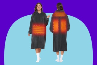 Woman wearing the Wearable Heated Blanket.