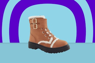 brown Portland Boot Company faux fur combat boot on blue and purple background