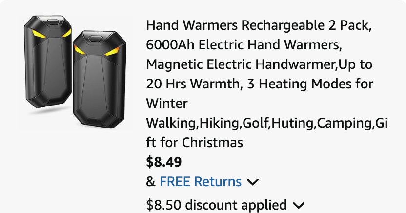 rechargeable hand warmers Amazon receipt