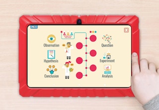 hand pushing a button on the red Contixo tablet