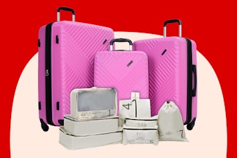 Pink luggage set (stock image) used in red/cream max shape feature template