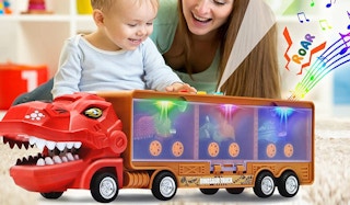 a kid and mom playing with a dinosaur truck