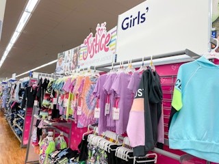Justice girls' clothing display at Walmart