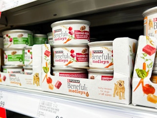 beneful medleys wet dog food stacked on a shelf