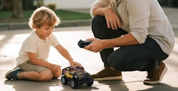 a father and son playing with a remote control car
