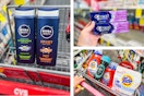 collage image of nivea men body wash, tide detergents, and crest toothpaste