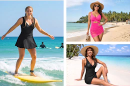 Women's swim dresses in 3 different styles (all lifestyle images at the beach)