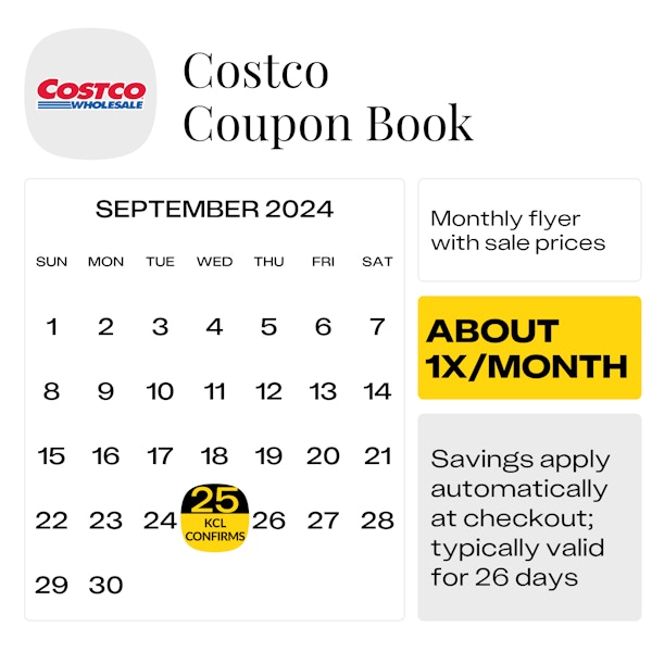 Calendar showing the confirmed start date for the next Costco Coupon Book on September 25, 2024.