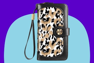 Women Multi Card Holder Wallet Clutch on a blue background.