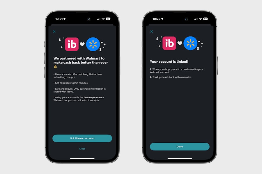 phone screenshots of ibotta and walmart partnership and account link