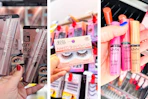 collage image of maybelline mascara, ardell lashes, and nyx lip gloss