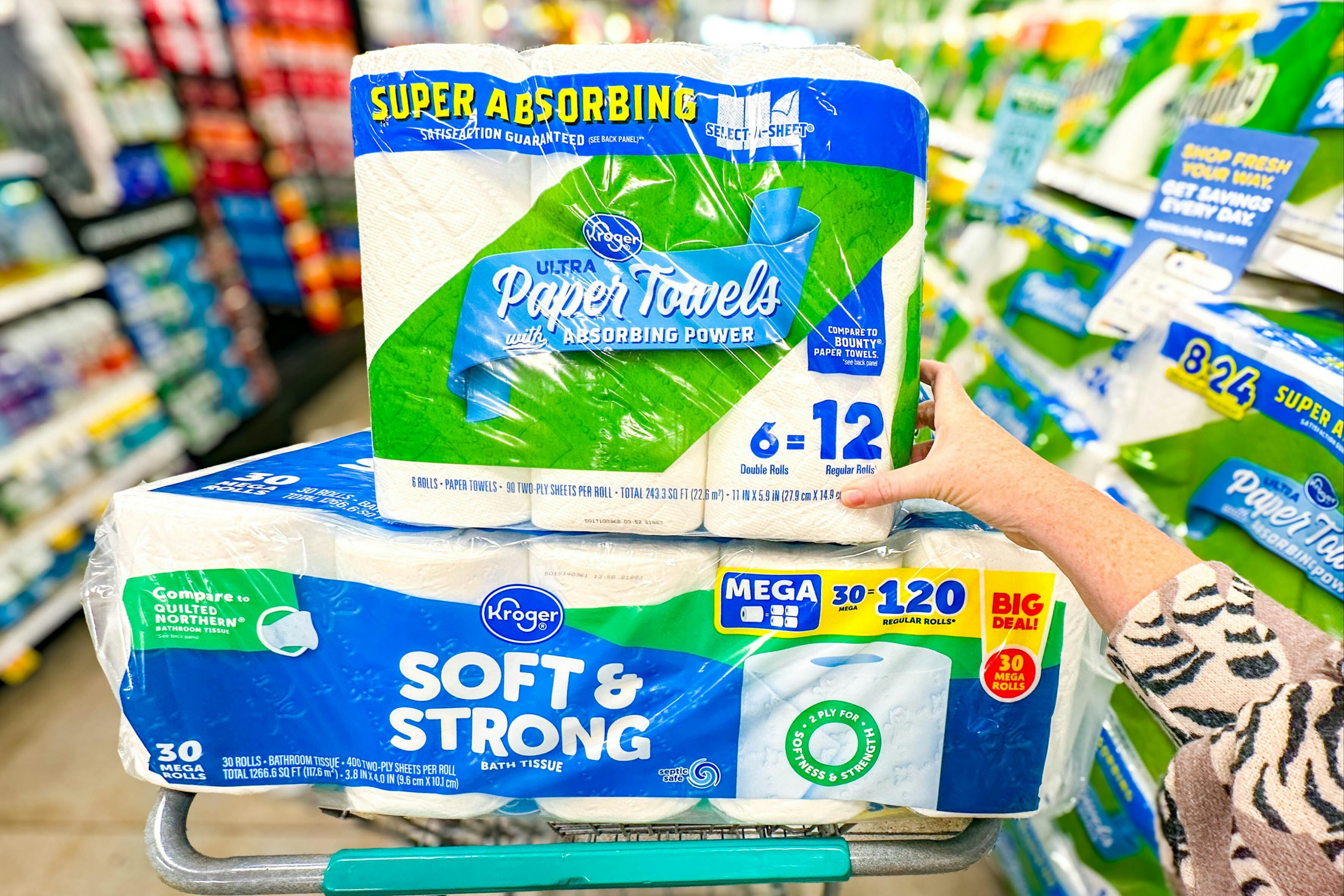 kroger toilet paper and paper towels in shopping cart